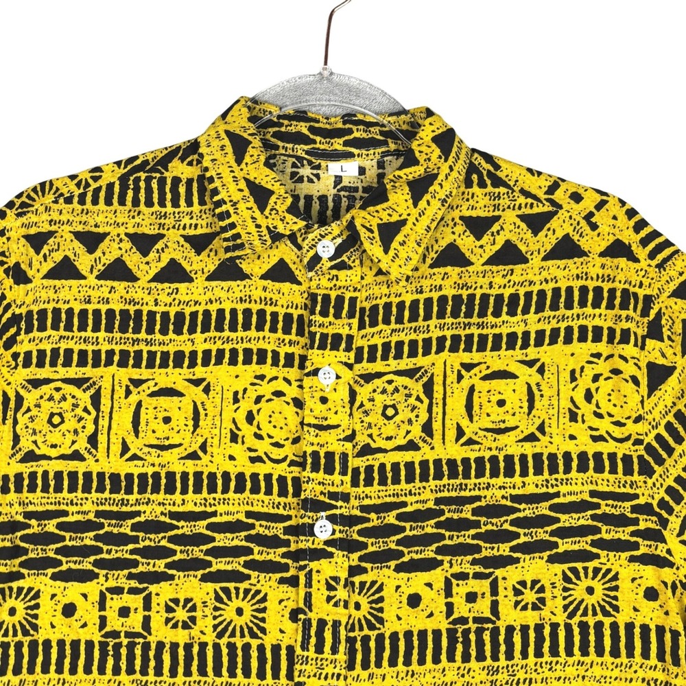 Yellow‎ Black Geometric Tribal Print Short Sleeve Button Up Shirt Mens Large